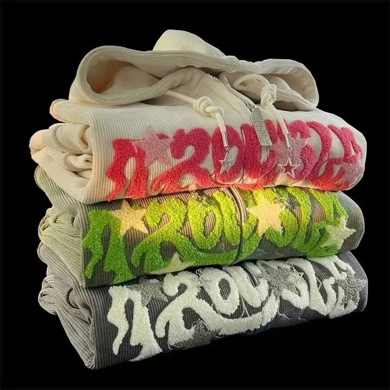 Fashion Embroidery Zip Up Hoodies Women Autumn Long Sleeve Tops Loose Hood Shirt Harajuku Y2K Clothes Female Sweatshirt Jacket