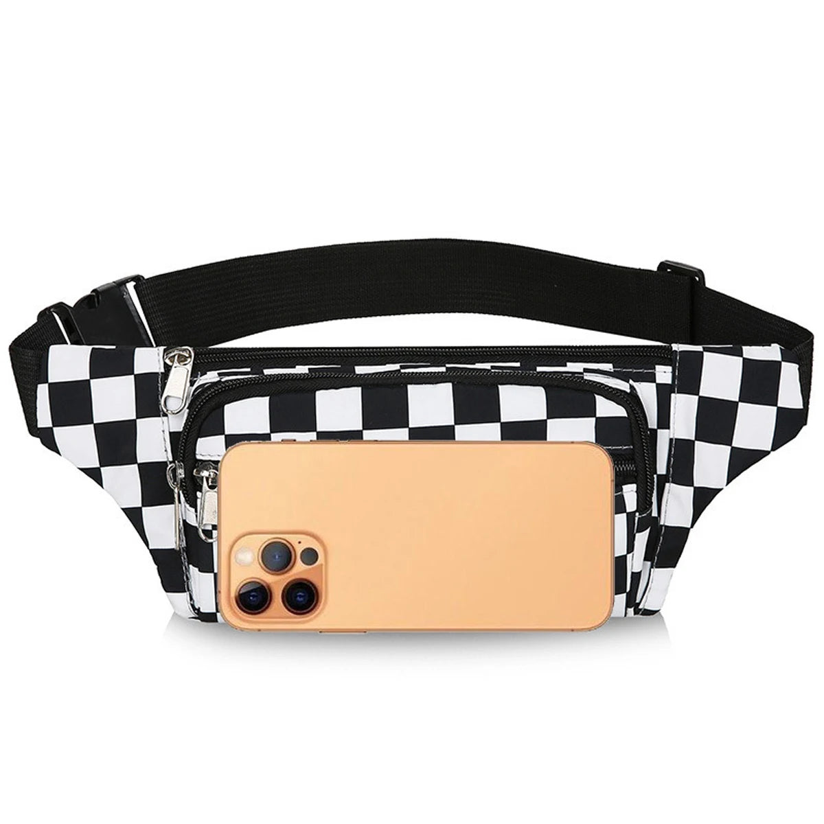 Large Capacity Waterproof Outdoor Sports Waist Bag Men's and Women's Black and White Plaid Mobile Phone Bag Student Waist Bag