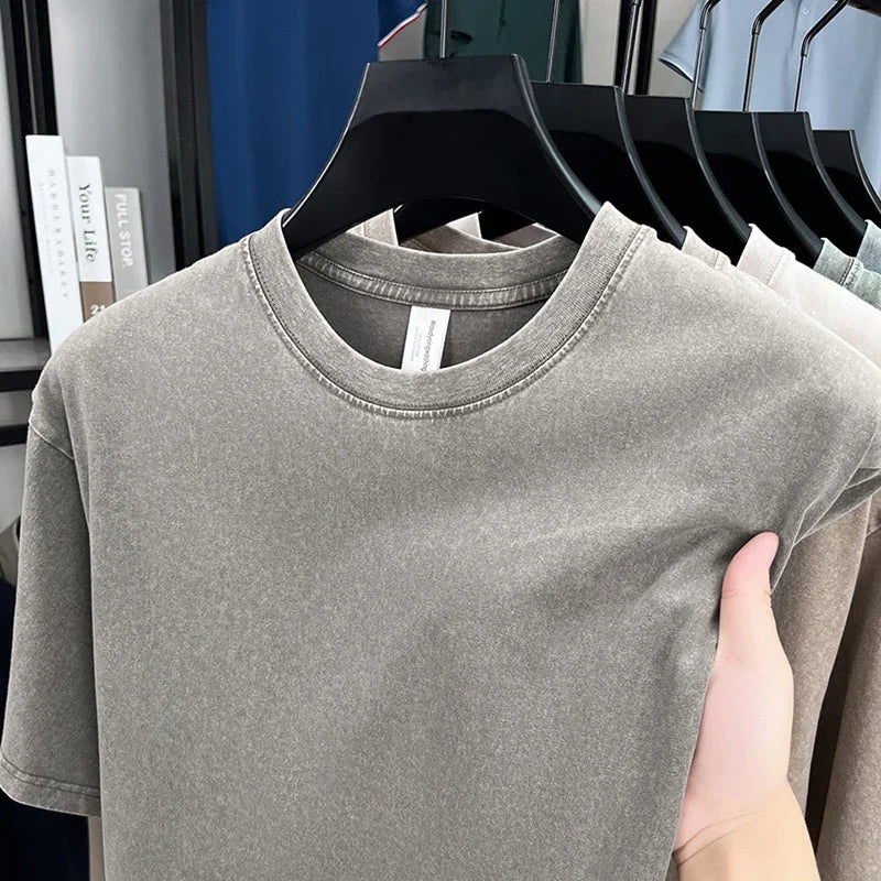 American Style Retro Heavyweight Solid Color Short Sleeved T-shirt Men Women Summer Street Trendy Washed Old Oversized Clothes
