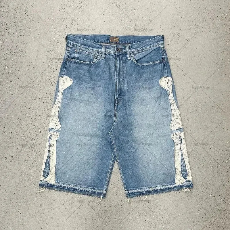 Summer retro skeleton denim shorts sports casual shorts new couple wearing street street 55 pants 2025 Europe and America
