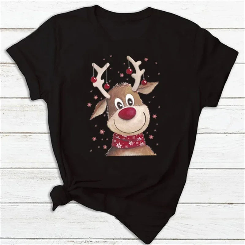 Christmas Theme Cartoon Graphic T Shirt Men Women Unisex Streetwear Cute Santa Claus Reindeer Print Casual Short Sleeve