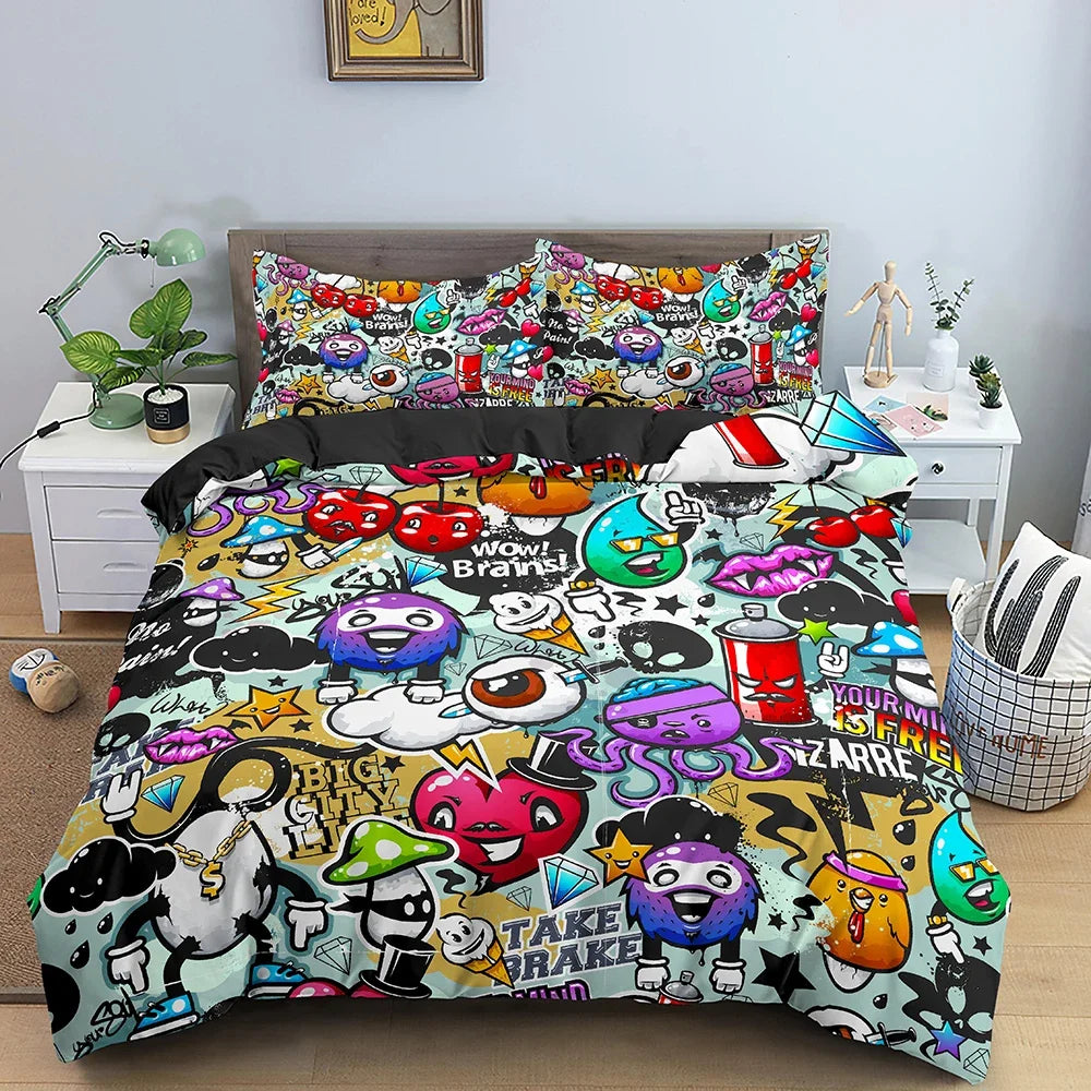 Hip Hop Decor Duvet Cover Colorful Bedspreads Cover Graffiti Pattern Street Culture Theme Decor Bedding Set for Adult Kids Teen