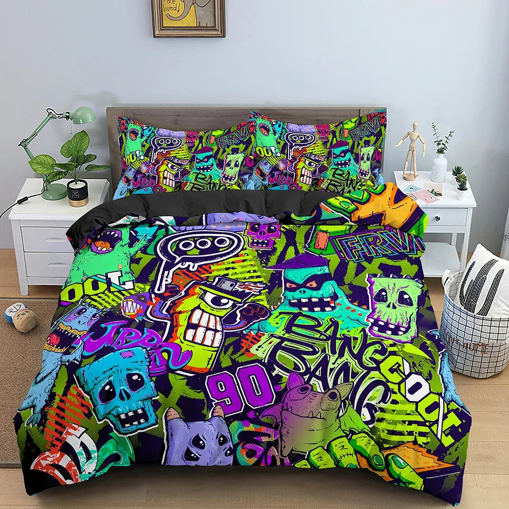 Hip Hop Decor Duvet Cover Colorful Bedspreads Cover Graffiti Pattern Street Culture Theme Decor Bedding Set for Adult Kids Teen