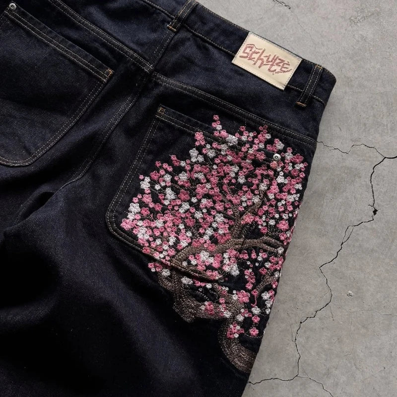 Y2K Harajuku jeans Goth vintage plum blossom embroidery pattern wide leg pants men women denim fabric American style street wear