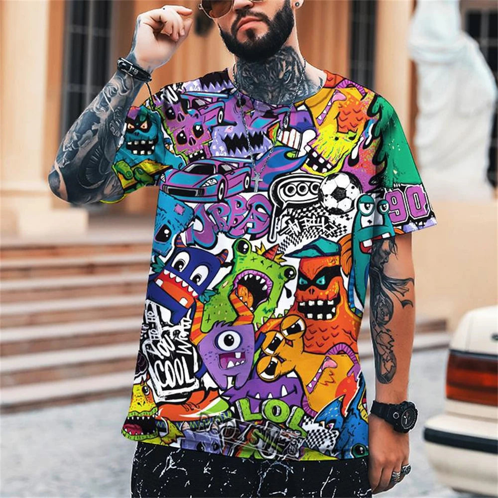 New Fun Graffiti Street T-Shirt 3D Printed Men's Hip Hop Summer Cool Tee Shirt Casual Youth Popular Personality Short Sleeve Top