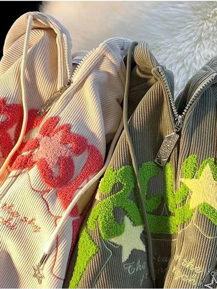 Fashion Embroidery Zip Up Hoodies Women Autumn Long Sleeve Tops Loose Hood Shirt Harajuku Y2K Clothes Female Sweatshirt Jacket