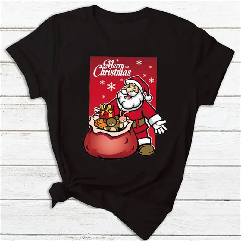 Christmas Theme Cartoon Graphic T Shirt Men Women Unisex Streetwear Cute Santa Claus Reindeer Print Casual Short Sleeve