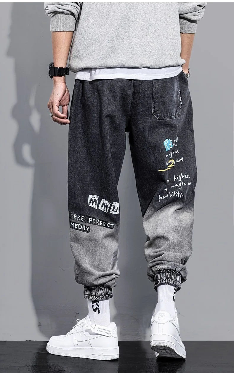 Graffiti Printing Jeans Men's Gradient Hip Hop Trousers Harem Cartoon Loose Casual Ankle Banded Pants Cargo Denim Jeans Fashion