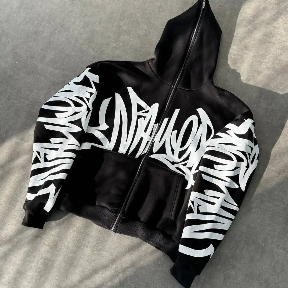 Trend High Street Letters Graffiti Printed Zipper Hoodie Retro Y2K Men Gothic Hip Hop Punk Casual Oversized Sweatshirt Harajuku