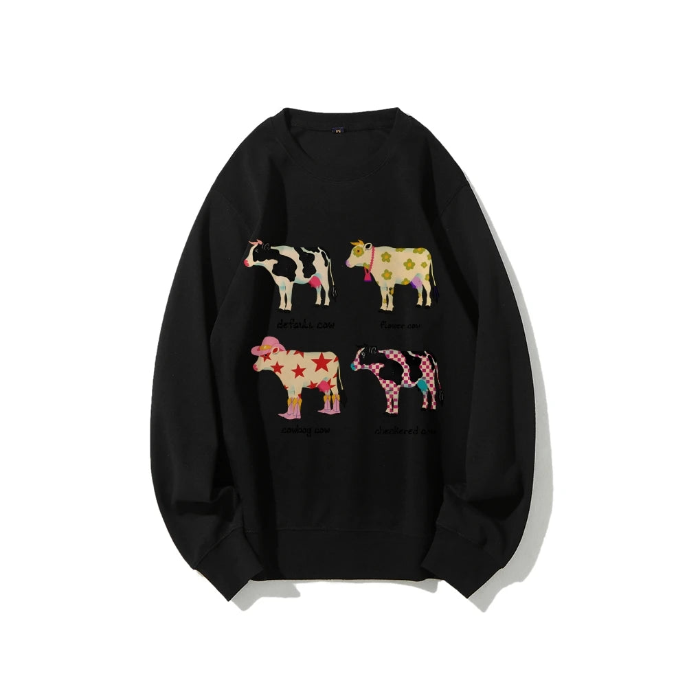 Cute Cow Print Sweater Women's Fashion Casual Crew Neck Pure Cotton Sweatshirt Long Sleeve Warm High Quality Street Wear