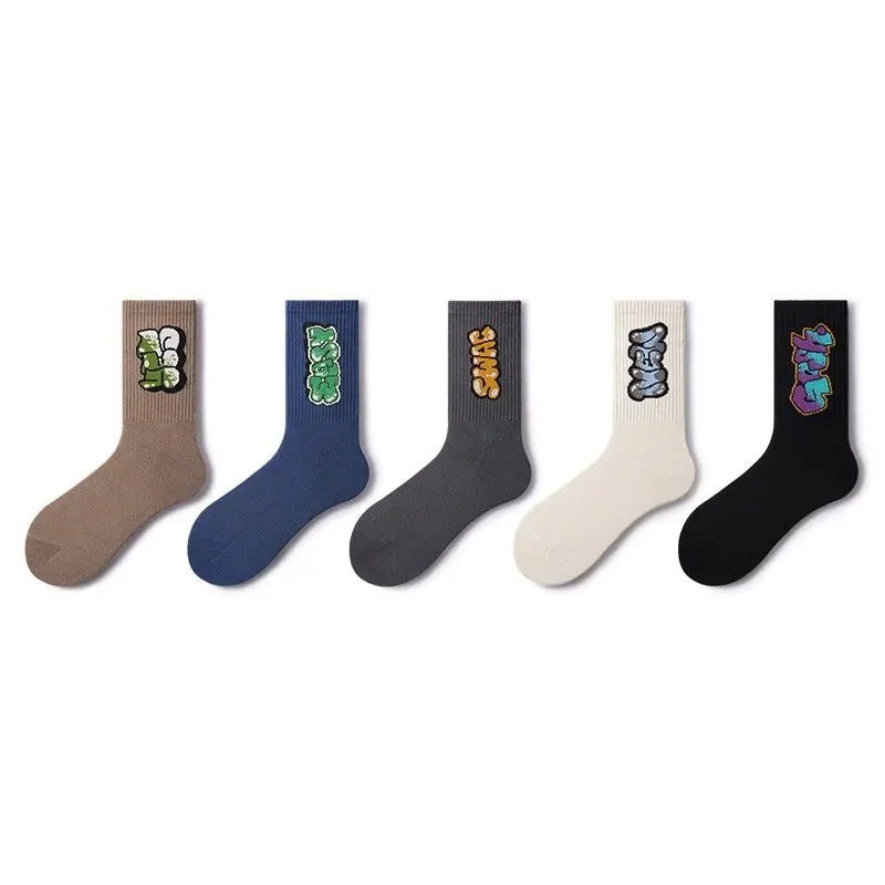 5/10 Pairs Men's Multicolour Crew Socks, Graffiti Lettering, Street Style, Unique, Comfortable, Breathable, Moisture-Wicking