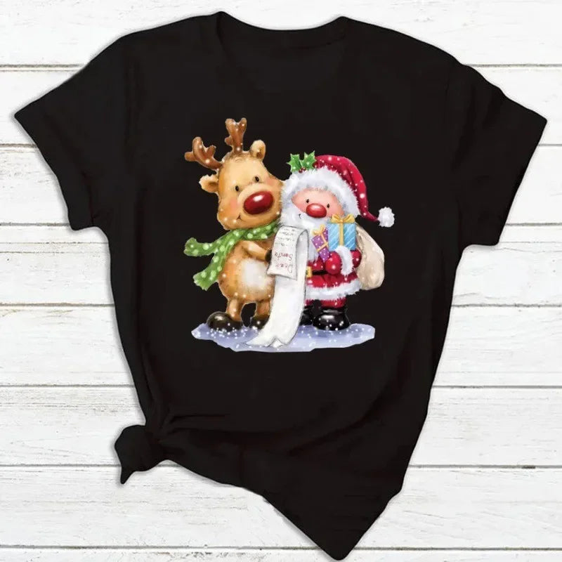 Christmas Theme Cartoon Graphic T Shirt Men Women Unisex Streetwear Cute Santa Claus Reindeer Print Casual Short Sleeve