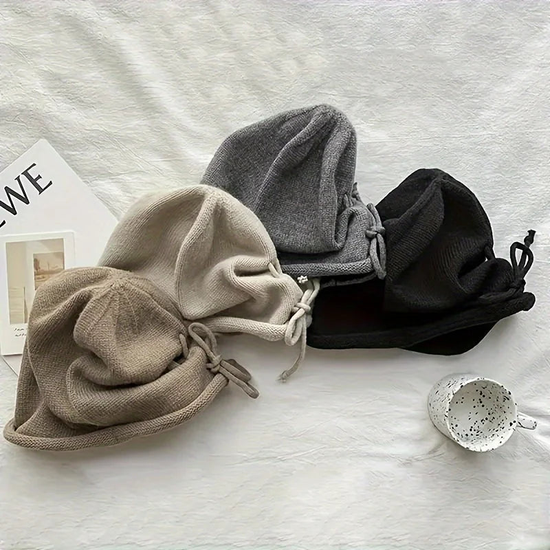 Autumn Winter Drawstring Adjustable Knit Hat Fashion Retro Street Wear Accessories Gift For Girlfriend Windproof Cold Proof Warm