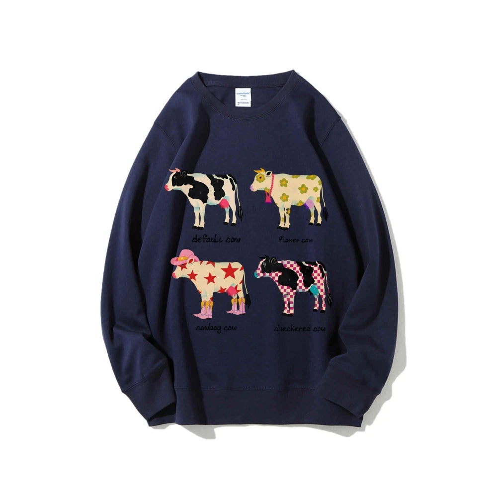 Cute Cow Print Sweater Women's Fashion Casual Crew Neck Pure Cotton Sweatshirt Long Sleeve Warm High Quality Street Wear