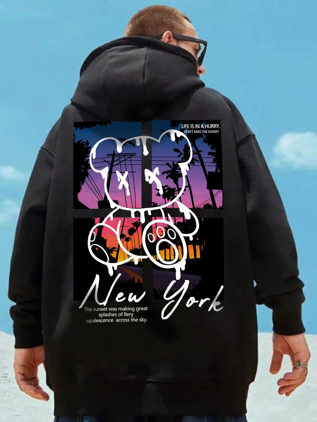 New York Art Word Cartoon Bear Sunset Scenery Design Male Clothing Hip Hop Street Hoodies All-Match Pocket Pullovers Men Hoody