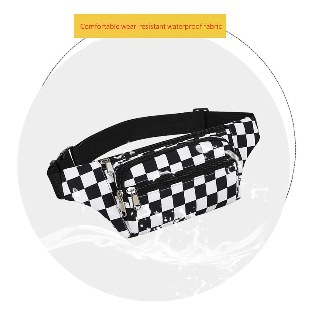 Large Capacity Waterproof Outdoor Sports Waist Bag Men's and Women's Black and White Plaid Mobile Phone Bag Student Waist Bag