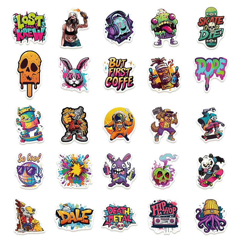 50PCS Hip Hop Graffiti Stickers, Colorful Street Art Decals, Cartoon Music Vinyl Skateboard Stickers for Laptop Water Bottle DIY