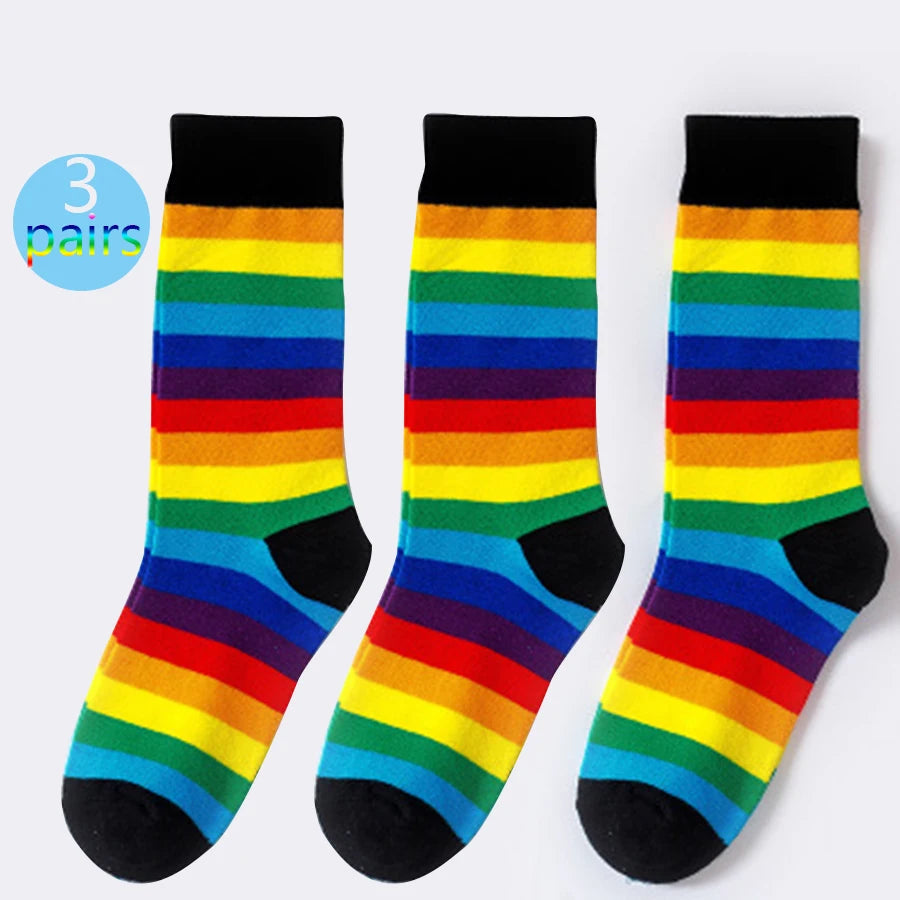 3 pairs of new rainbow socks, hip-hop socks, trendy street culture