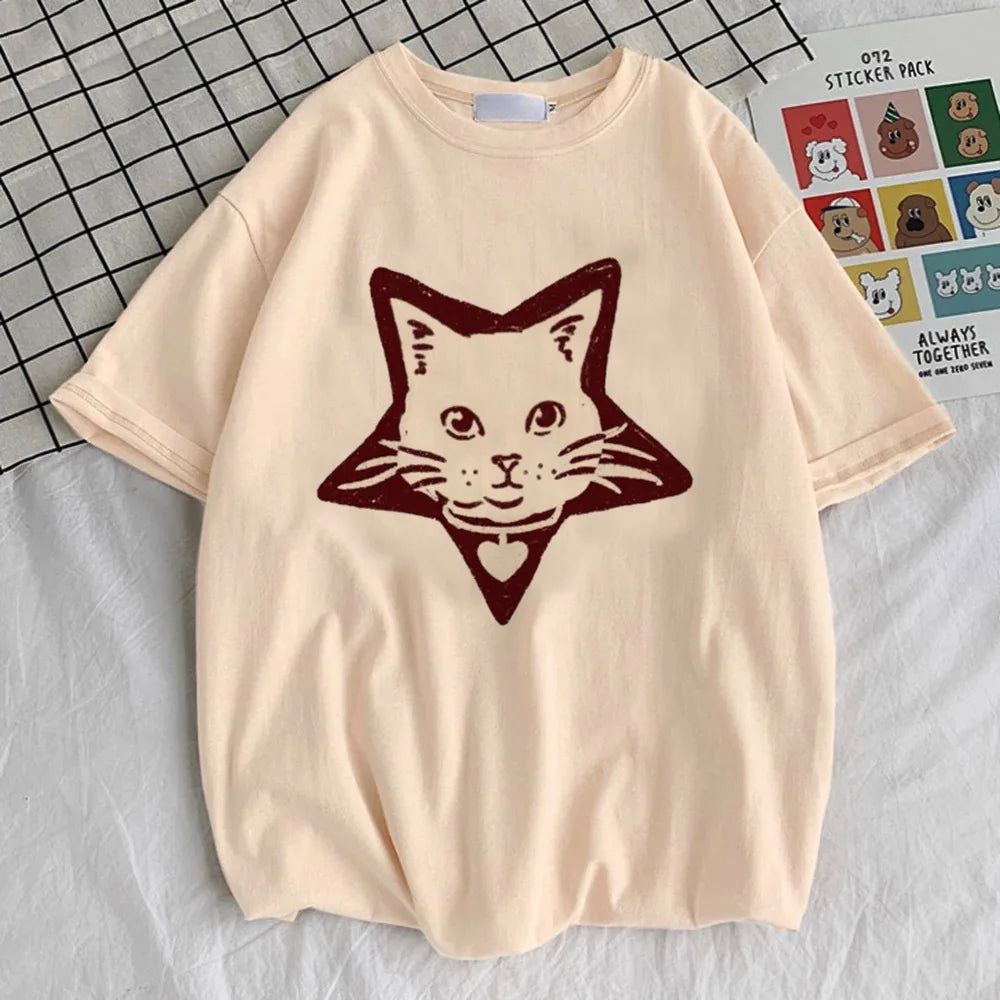 Japanese Grunge Cat t-shirt female Colorful hip hop Trendy t-shirt graphic korean clothes kawaii aesthetic Pop Culture 2000s