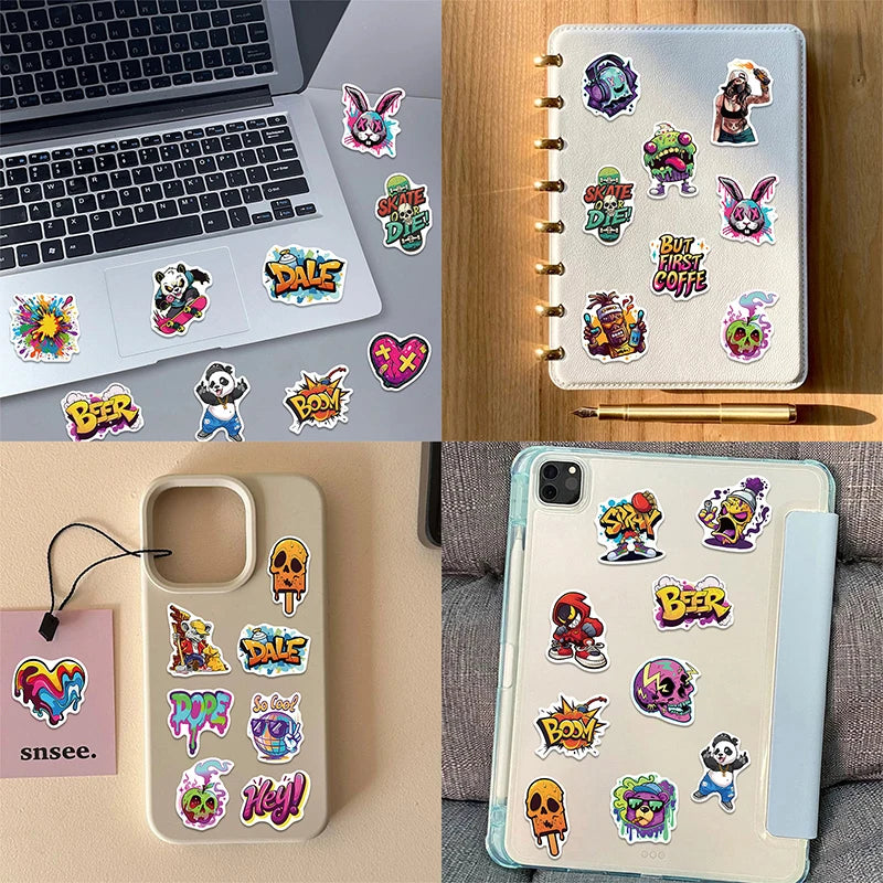 50PCS Hip Hop Graffiti Stickers, Colorful Street Art Decals, Cartoon Music Vinyl Skateboard Stickers for Laptop Water Bottle DIY