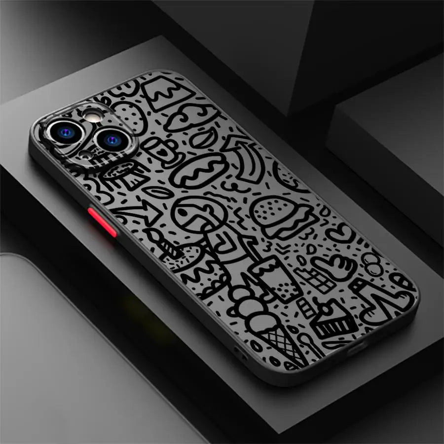 Luxury Black Graffiti Phone Case for iPhone 16 15 11 12 13 14 Pro Max 16 Plus 12 Mini 7 8 XS 15Pro Shockproof Matte Cover