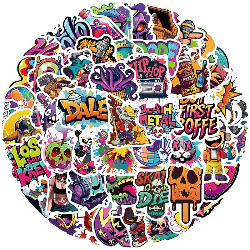 50PCS Hip Hop Graffiti Stickers, Colorful Street Art Decals, Cartoon Music Vinyl Skateboard Stickers for Laptop Water Bottle DIY