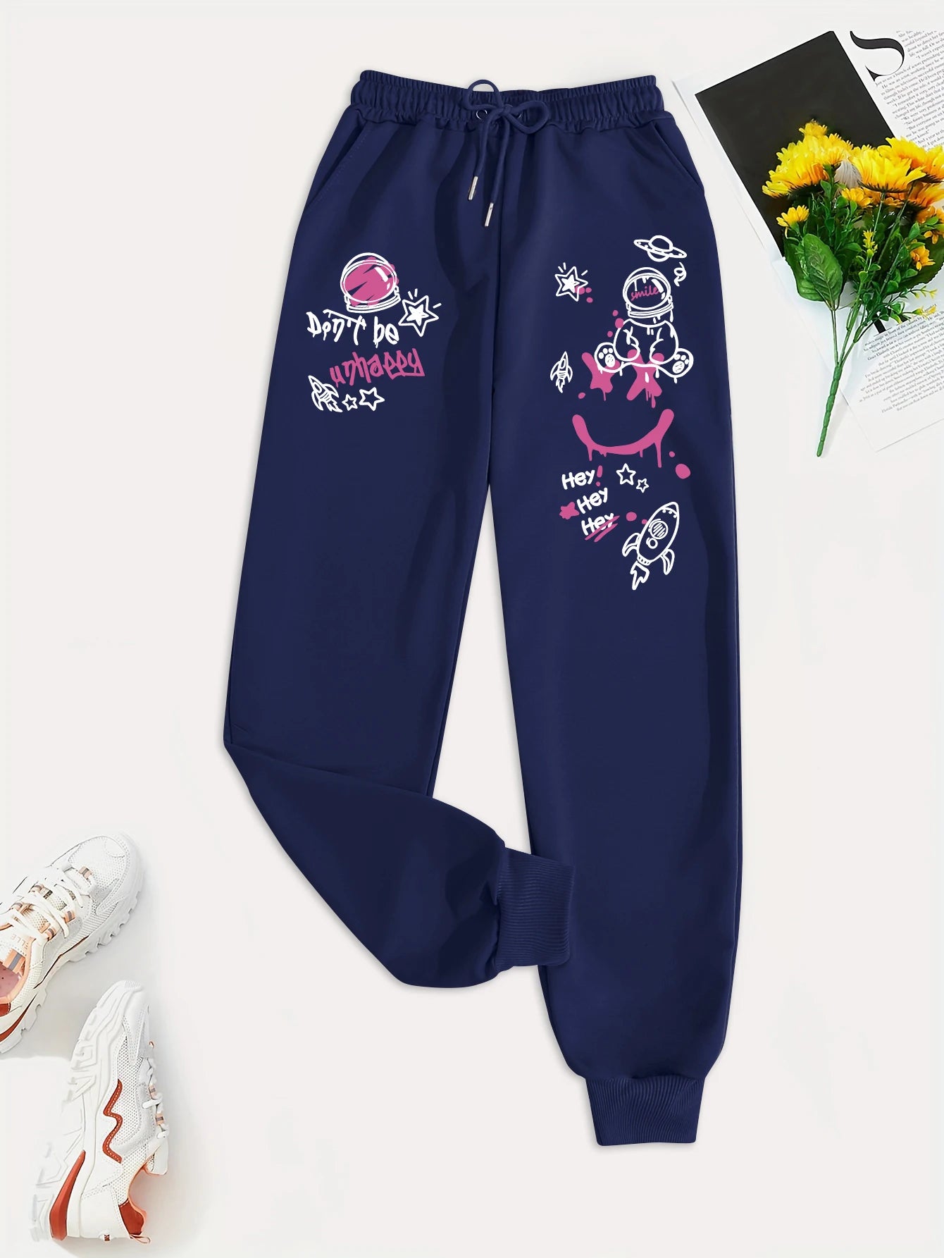 Women's Casual Graffiti Printed Sweatpants For Everyday Wear Versatile Pocket Drawstring Trendy Street Pant Female Autumn Winter