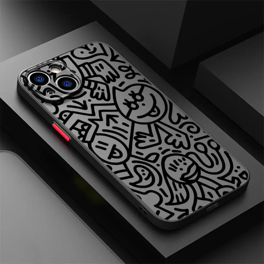 Luxury Black Graffiti Phone Case for iPhone 16 15 11 12 13 14 Pro Max 16 Plus 12 Mini 7 8 XS 15Pro Shockproof Matte Cover