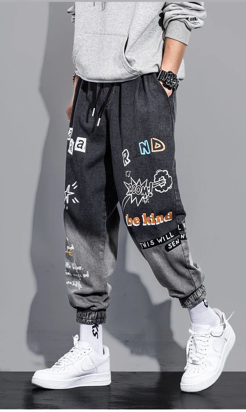 Graffiti Printing Jeans Men's Gradient Hip Hop Trousers Harem Cartoon Loose Casual Ankle Banded Pants Cargo Denim Jeans Fashion