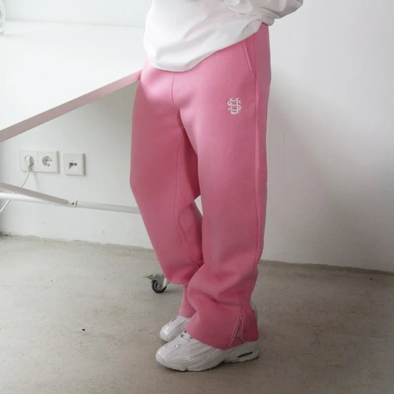Autumn Drawstring Zipper Sweatpants Solid Color Casual High Street Hip-Hop Rap Street Y2K Style High Waist Trousers