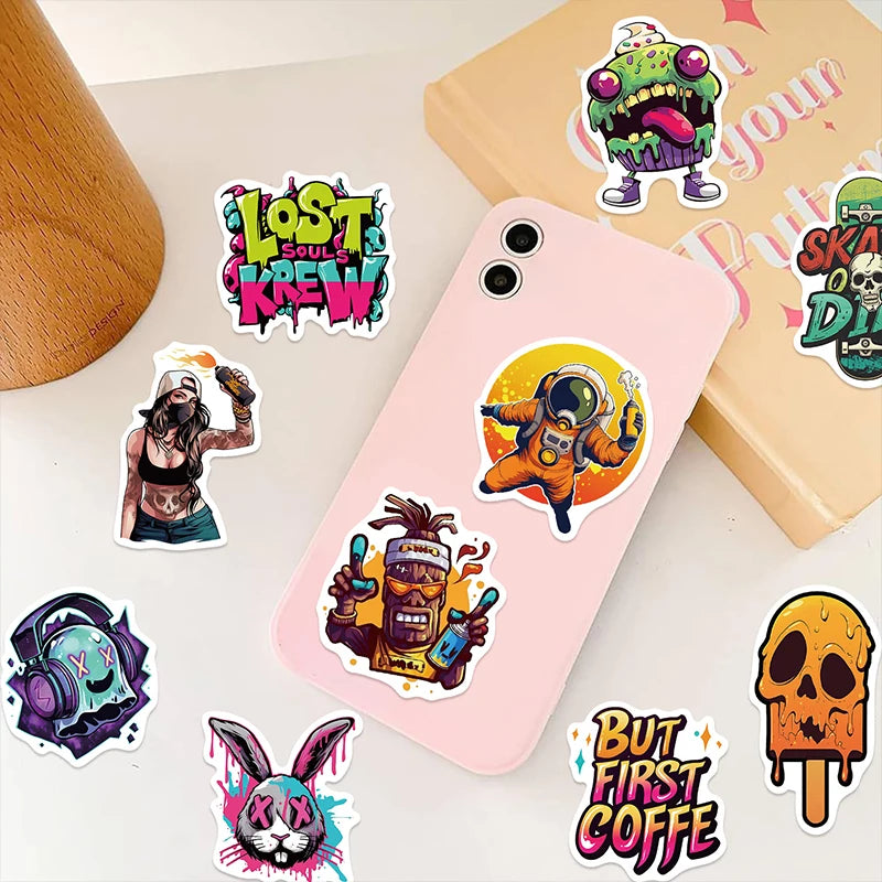 50PCS Hip Hop Graffiti Stickers, Colorful Street Art Decals, Cartoon Music Vinyl Skateboard Stickers for Laptop Water Bottle DIY