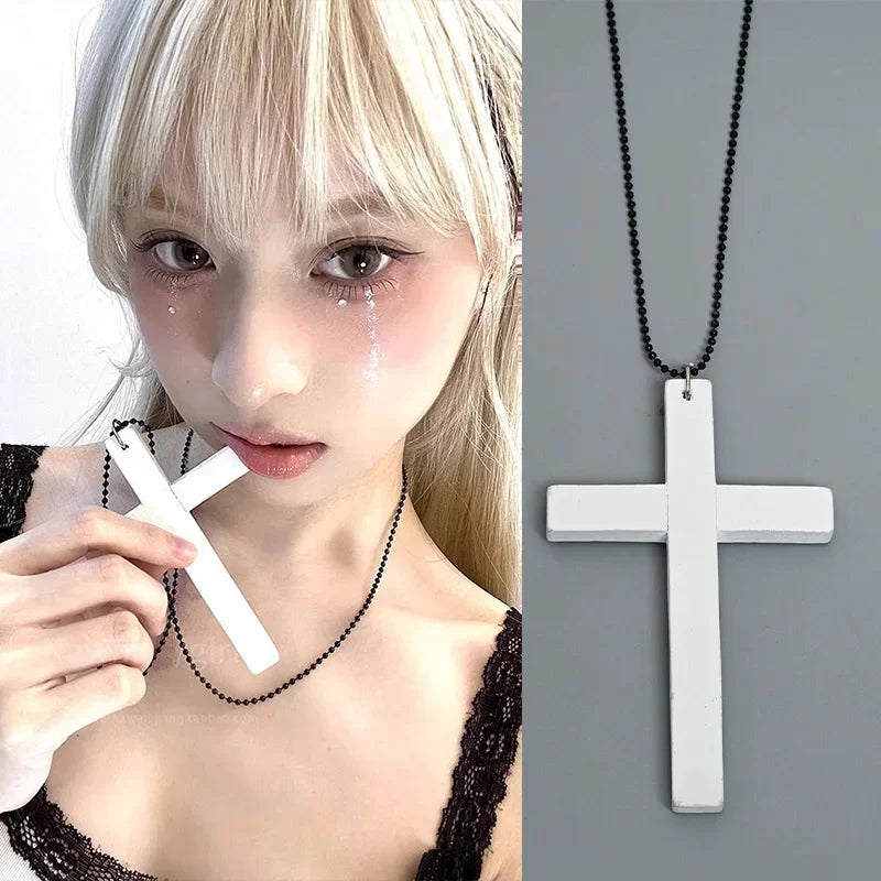 2025 New Cool Punk Gothic Wood Cross Pendant Necklace for Women Men Vintage Black White Hip Hop Y2k Necklace Party Jewelry Gift