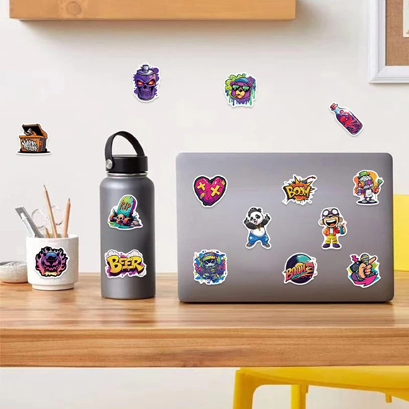 50PCS Hip Hop Graffiti Stickers, Colorful Street Art Decals, Cartoon Music Vinyl Skateboard Stickers for Laptop Water Bottle DIY