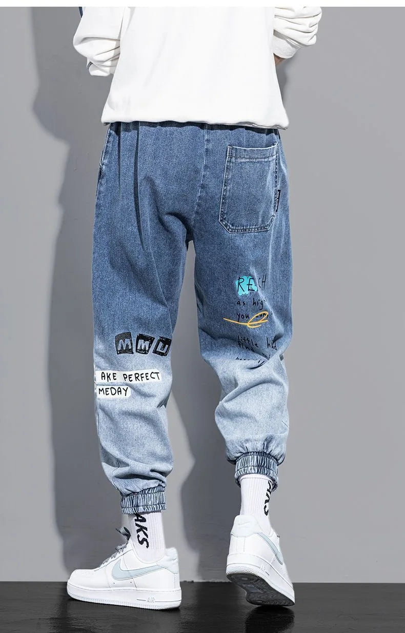 Graffiti Printing Jeans Men's Gradient Hip Hop Trousers Harem Cartoon Loose Casual Ankle Banded Pants Cargo Denim Jeans Fashion