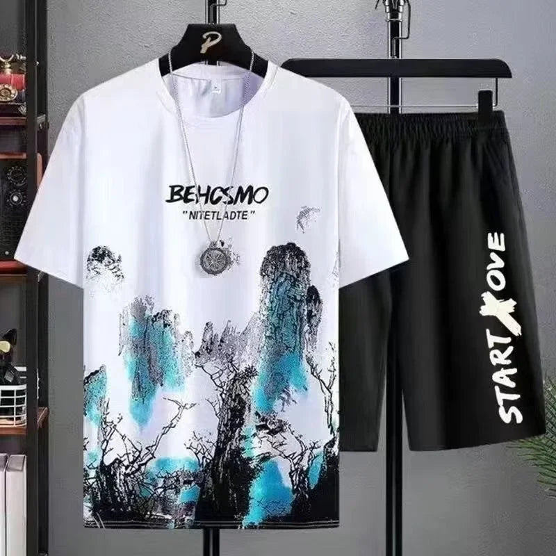 2025 Summer Thin casual Men set Manga Graffiti Tees T-shirt+shorts 2-piece Comfortable and breathable men Top Print Tshirts sets