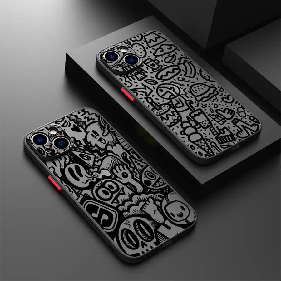 Luxury Black Graffiti Phone Case for iPhone 16 15 11 12 13 14 Pro Max 16 Plus 12 Mini 7 8 XS 15Pro Shockproof Matte Cover