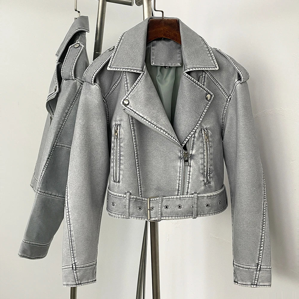 New Spring Woman Faux Leather Jacket Chic Vintage American street wear Short Lapel Zipper Belt Biker Coats Fashion Streetwear