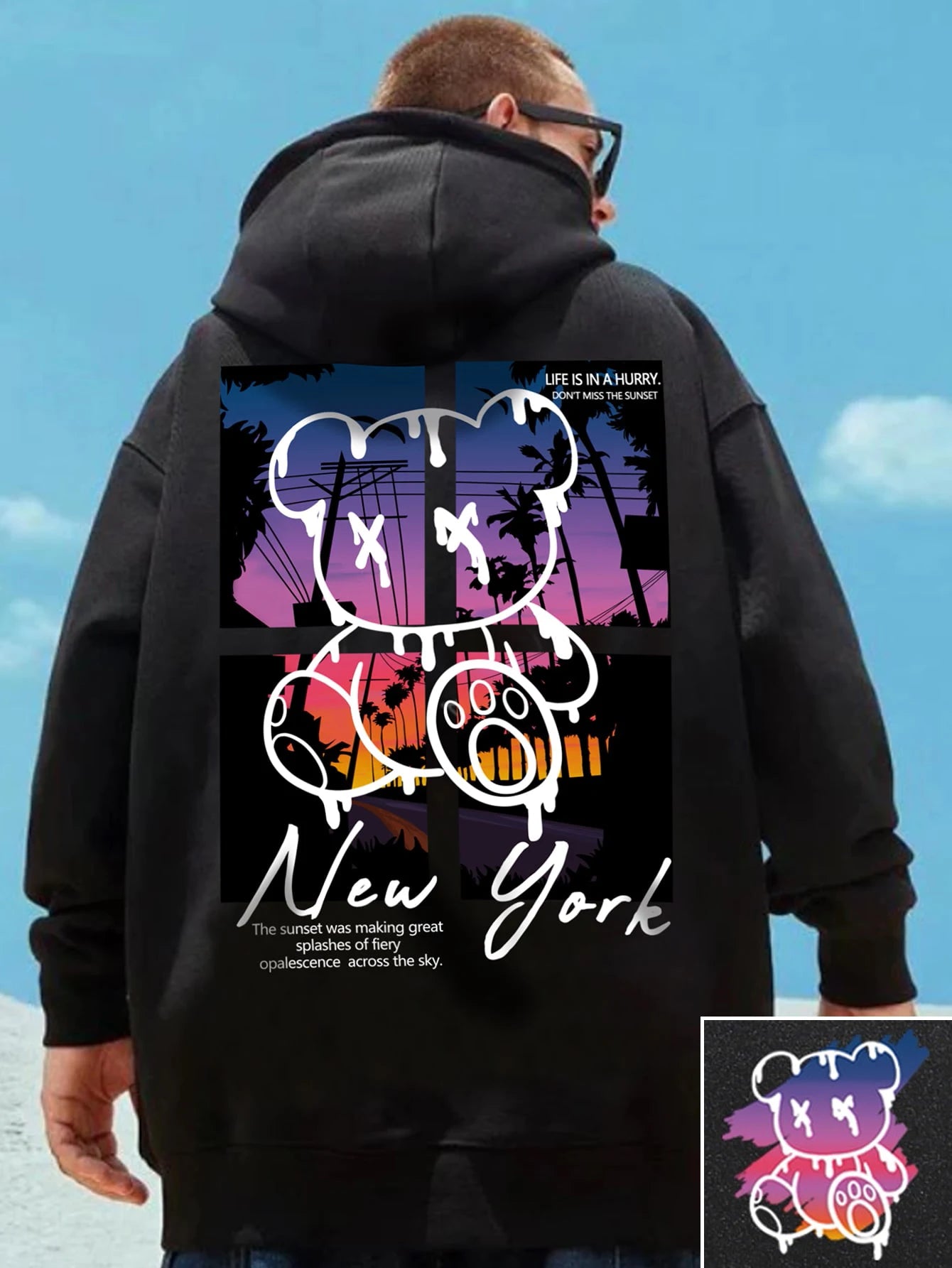 New York Art Word Cartoon Bear Sunset Scenery Design Male Clothing Hip Hop Street Hoodies All-Match Pocket Pullovers Men Hoody