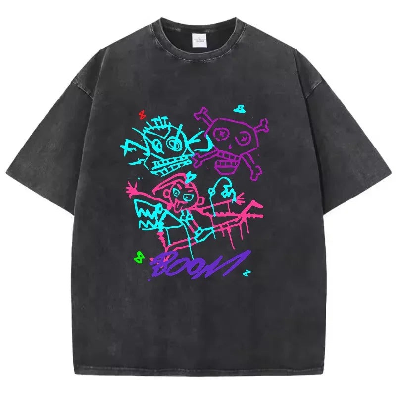 Graffiti Pattern Washed T-Shirt Retro Men'S Fashion Oversized Round Neck Pure Cotton Short Sleeved American Trend Loose T-Shirt