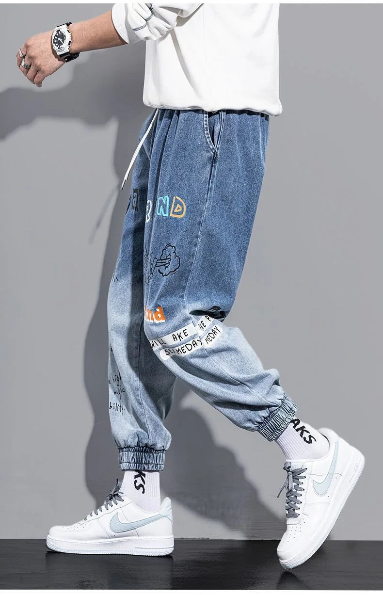 Graffiti Printing Jeans Men's Gradient Hip Hop Trousers Harem Cartoon Loose Casual Ankle Banded Pants Cargo Denim Jeans Fashion
