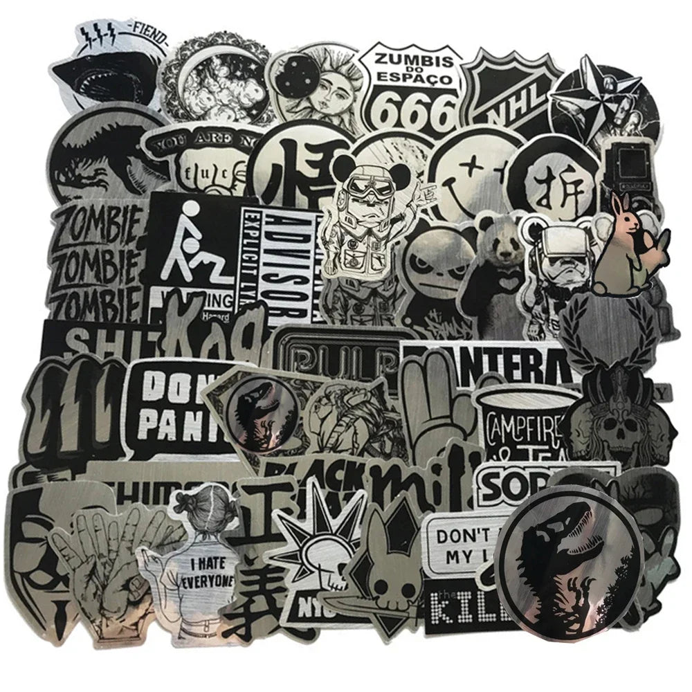 50/100PCS Imitating Metal Brand Logo Rock Band Stickers Kids Toys Phone Guitar Laptop Cool PVC Waterproof Graffiti Sticker
