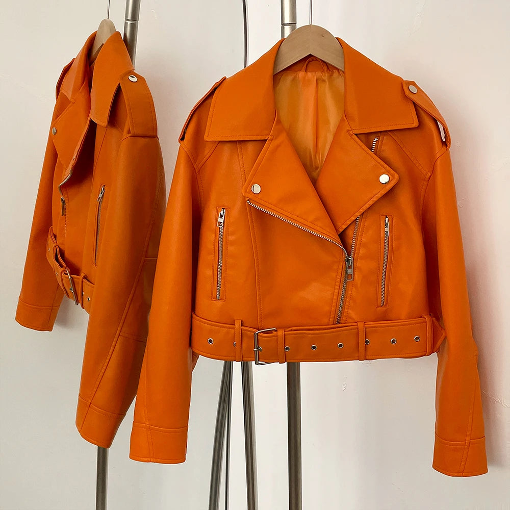 New Spring Woman Faux Leather Jacket Chic Vintage American street wear Short Lapel Zipper Belt Biker Coats Fashion Streetwear