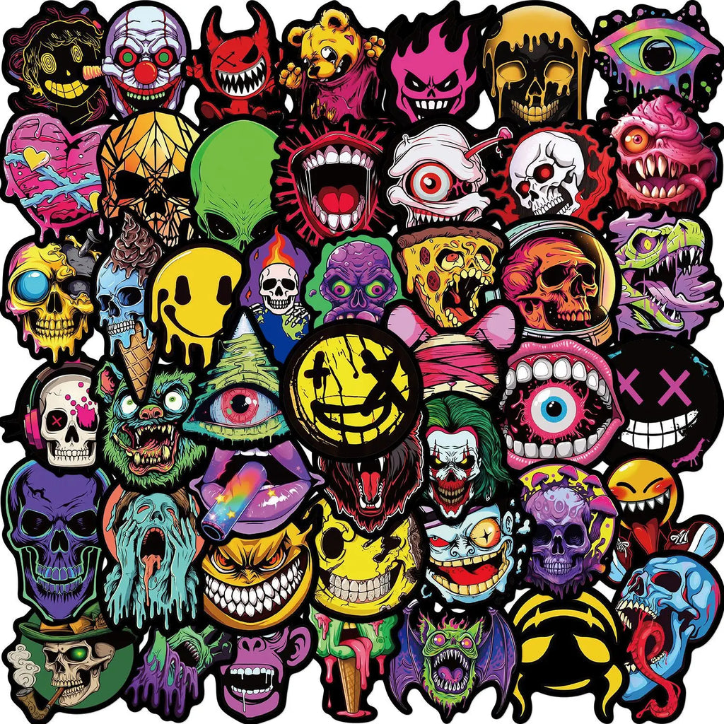 50Pcs Cool Horror Skull Stickers Waterproof for Skateboard Guitar Car Skateboard Motorcycle Helmet Decals Graffiti Toys
