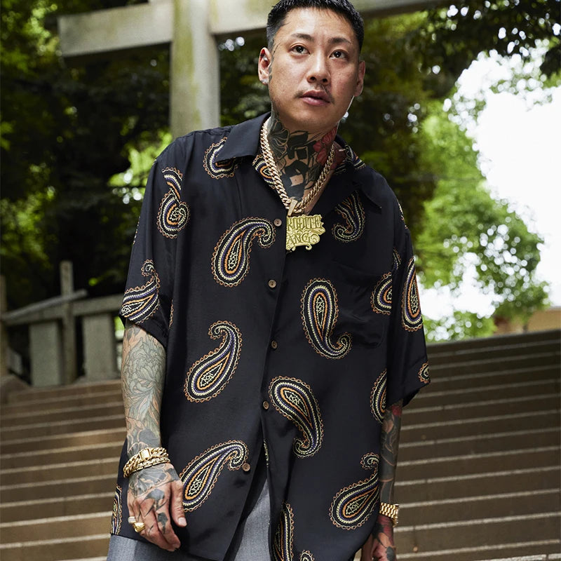 Cashew Flower Peliz Rap Print Hawaiian High Street Style Short Sleeved Synthetic Silk Shirt For Men