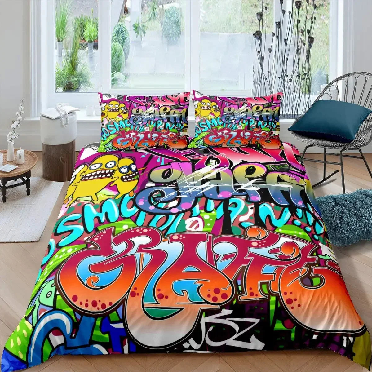 Hip Hop Decor Duvet Cover Colorful Bedspreads Cover Graffiti Pattern Street Culture Theme Decor Bedding Set for Adult Kids Teen