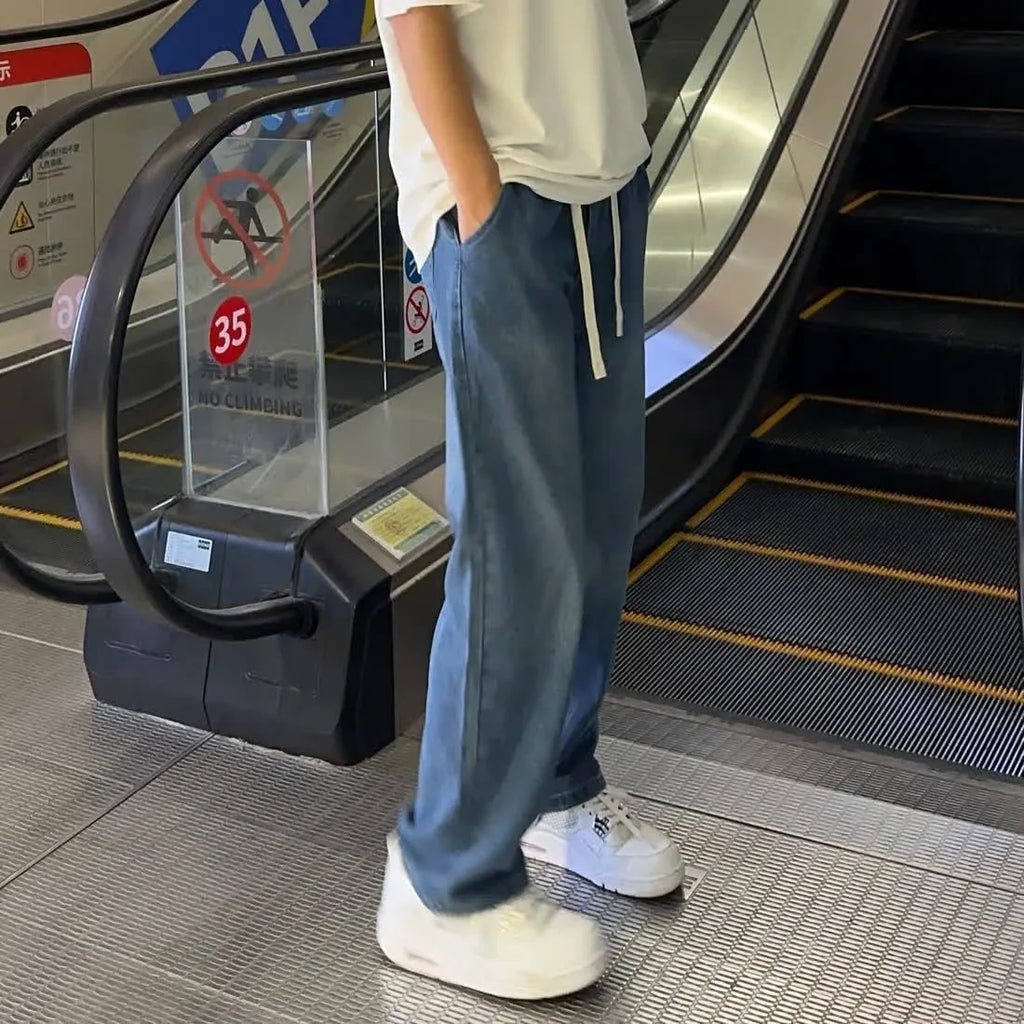 Street Elastic Jeans Men Denim Cargo Pants Wash Solid Color Multi Pockets Casual Mid Waist Trousers Slim Fit Daily Wear Joggers