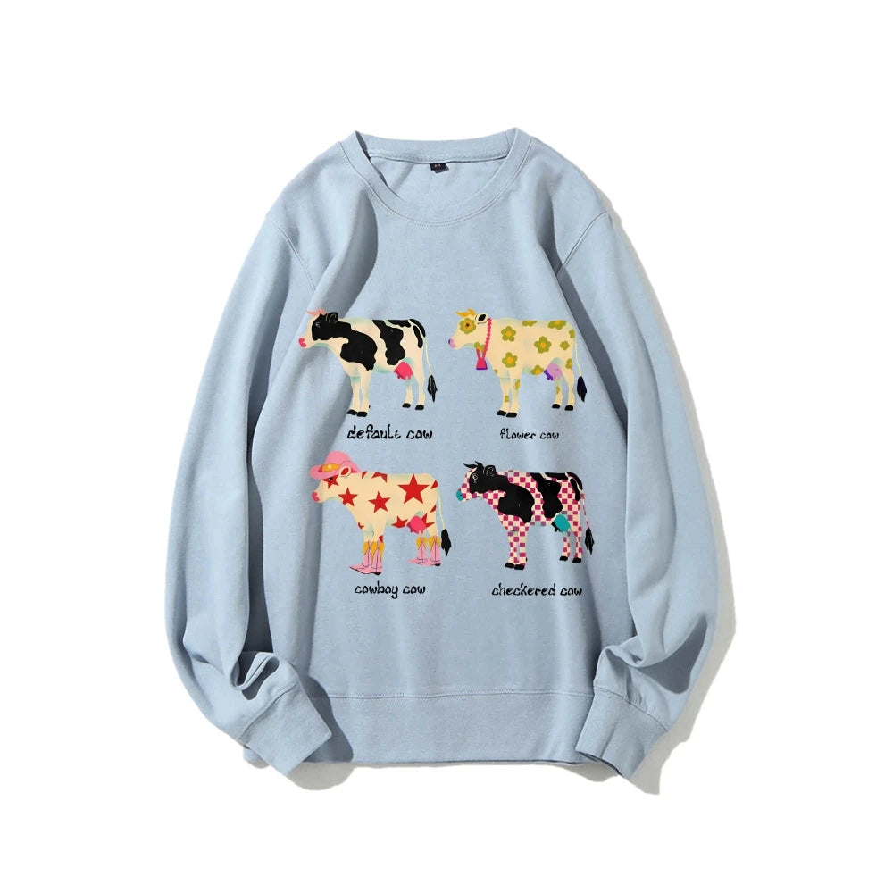 Cute Cow Print Sweater Women's Fashion Casual Crew Neck Pure Cotton Sweatshirt Long Sleeve Warm High Quality Street Wear