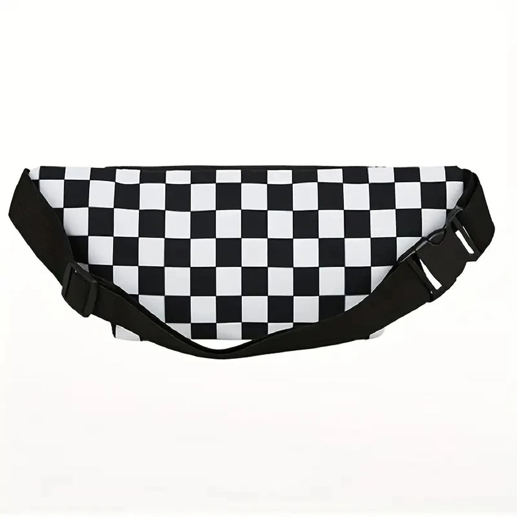 Large Capacity Waterproof Outdoor Sports Waist Bag Men's and Women's Black and White Plaid Mobile Phone Bag Student Waist Bag