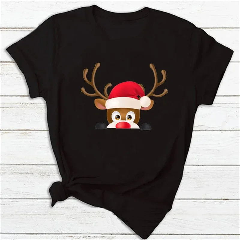 Christmas Theme Cartoon Graphic T Shirt Men Women Unisex Streetwear Cute Santa Claus Reindeer Print Casual Short Sleeve