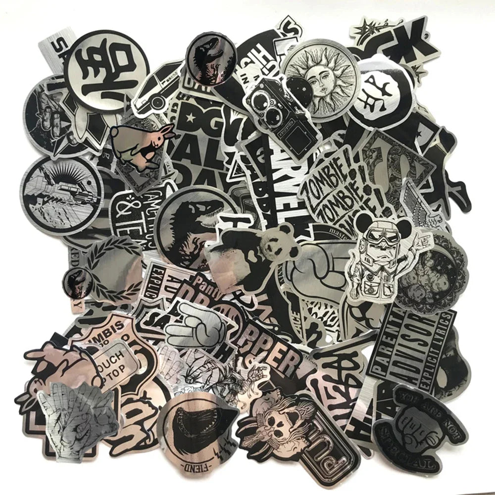 50/100PCS Imitating Metal Brand Logo Rock Band Stickers Kids Toys Phone Guitar Laptop Cool PVC Waterproof Graffiti Sticker
